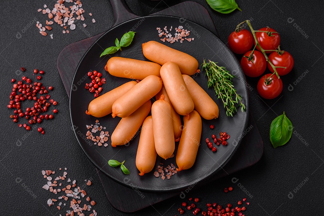 Deliciosas salsichas frescas cozidas com sal, especiarias e ervas sobre um fundo escuro de concreto