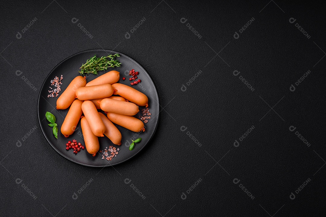 Deliciosas salsichas frescas cozidas com sal, especiarias e ervas sobre um fundo escuro de concreto