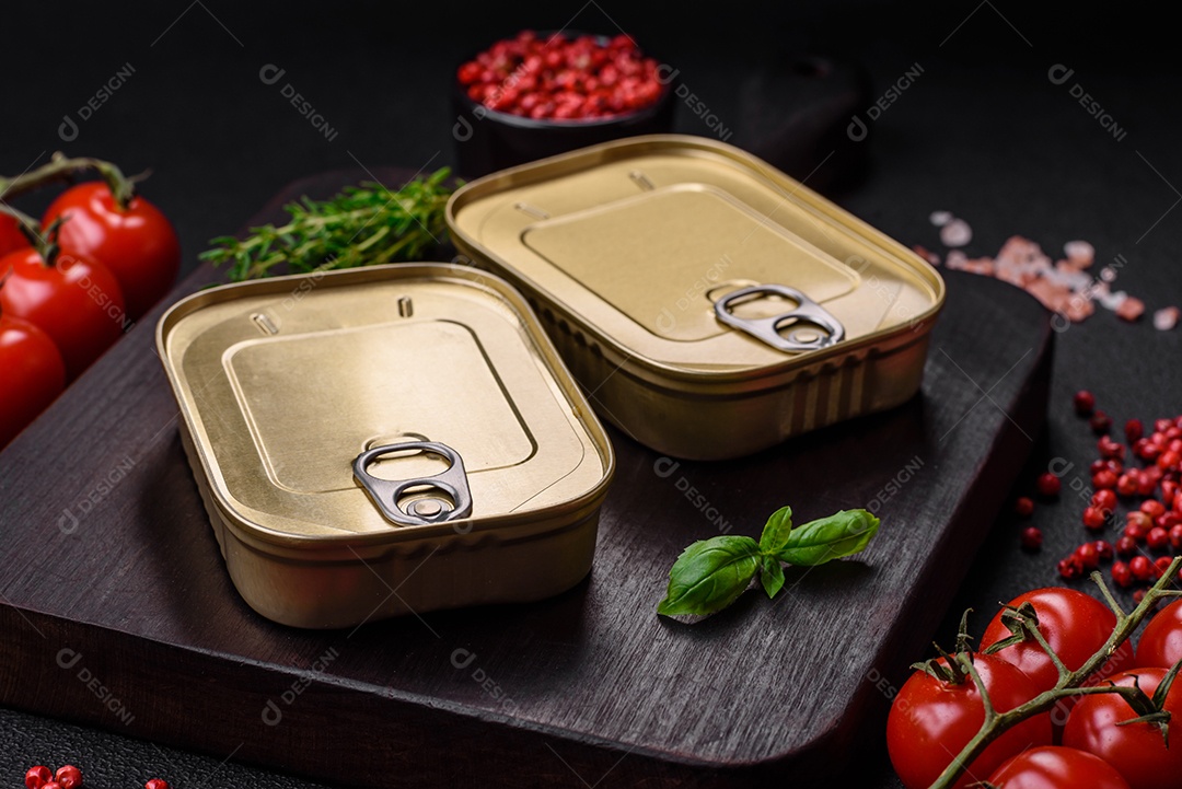 Lata retangular de estanho ou alumínio de alimentos enlatados com uma chave sobre um fundo escuro de concreto