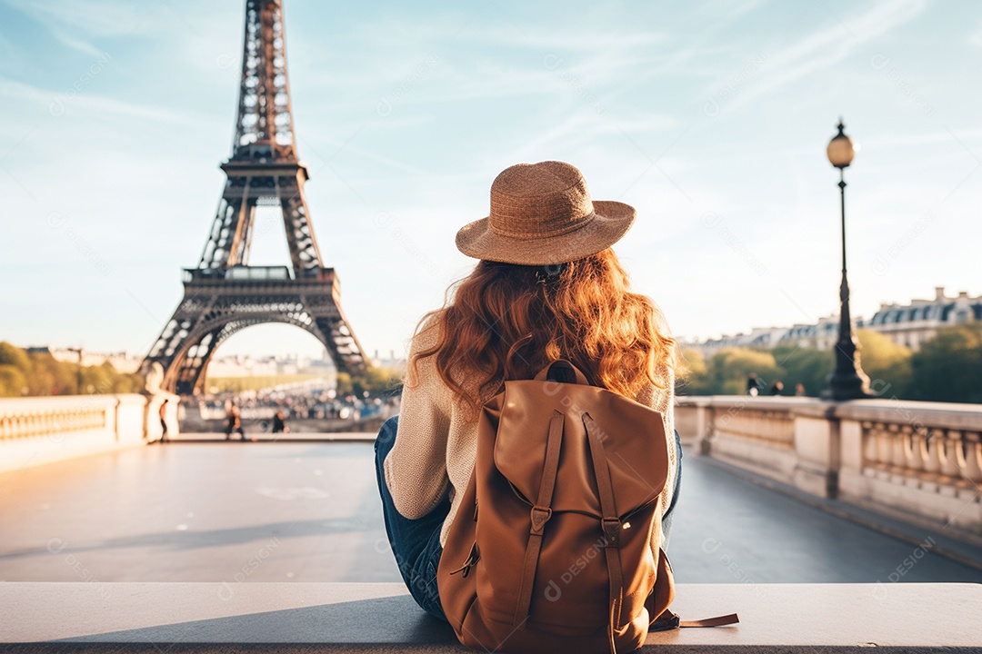 Vista traseira jovem com mochila no chapéu sentado olha para a distância na Torre Eiffel em Paris, conceito de viagem
