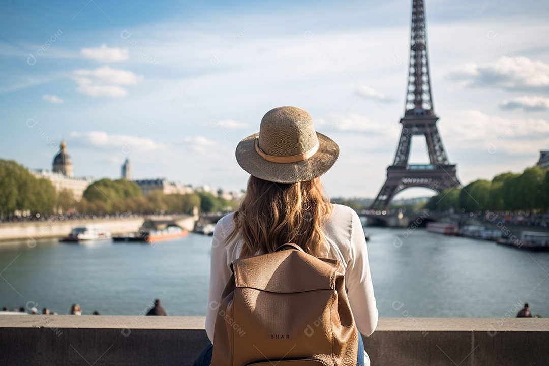 Vista traseira jovem com mochila no chapéu sentado olha para a distância na Torre Eiffel em Paris, conceito de viagem