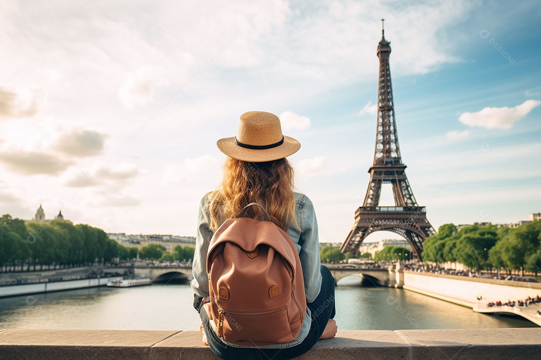 Vista traseira jovem com mochila no chapéu sentado olha para a distância na Torre Eiffel em Paris, conceito de viagem