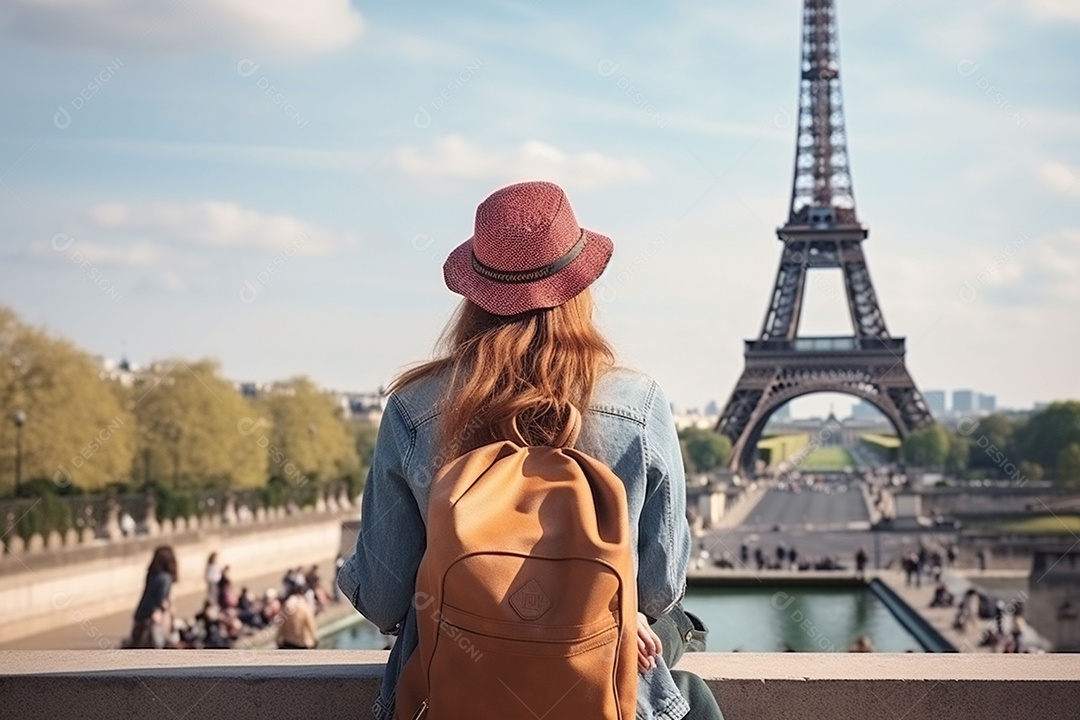 Vista traseira jovem com mochila no chapéu sentado olha para a distância na Torre Eiffel em Paris, conceito de viagem