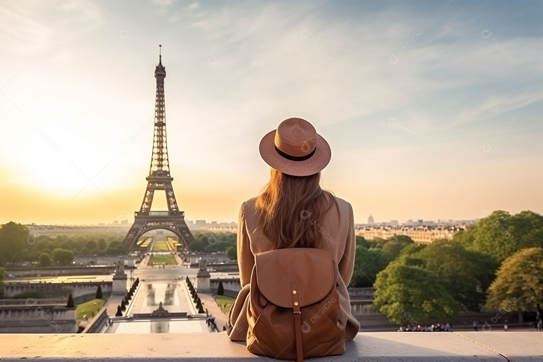 Vista traseira jovem com mochila no chapéu sentado olha para a distância na Torre Eiffel em Paris, conceito de viagem