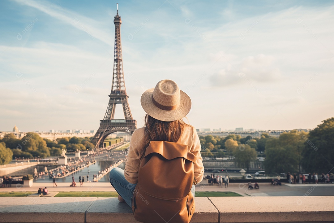Vista traseira jovem com mochila no chapéu sentado olha para a distância na Torre Eiffel em Paris, conceito de viagem