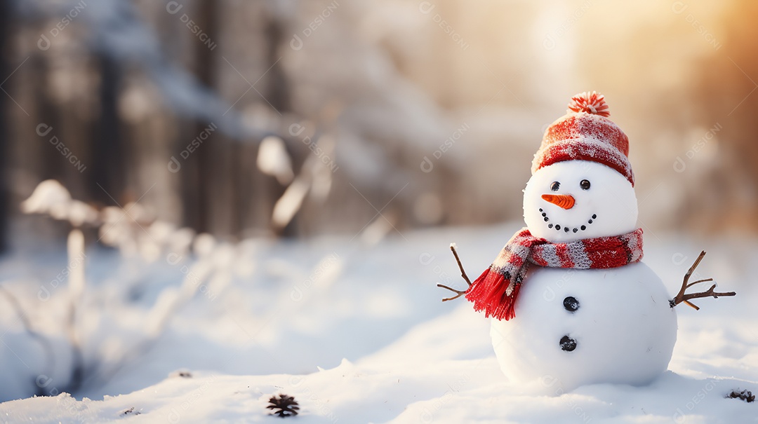Boneco de neve bonito em um boné e cachecol no fundo da cena de neve do inverno, conceito de celebração