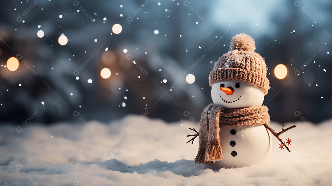 Boneco de neve bonito em um boné e cachecol no fundo da cena de neve do inverno, conceito de celebração