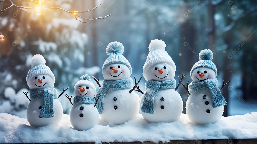 Boneco de neve bonito em um boné e cachecol no fundo da cena de neve do inverno, conceito de celebração