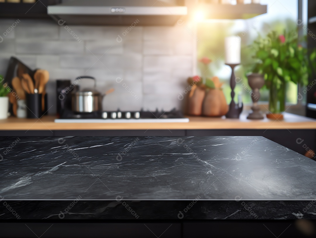 Balcão de mesa de pedra preto vazio no fundo moderno da cozinha desfocada