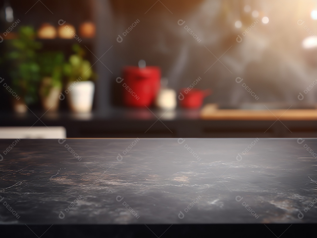 Balcão de mesa de pedra preto vazio no fundo moderno da cozinha desfocada