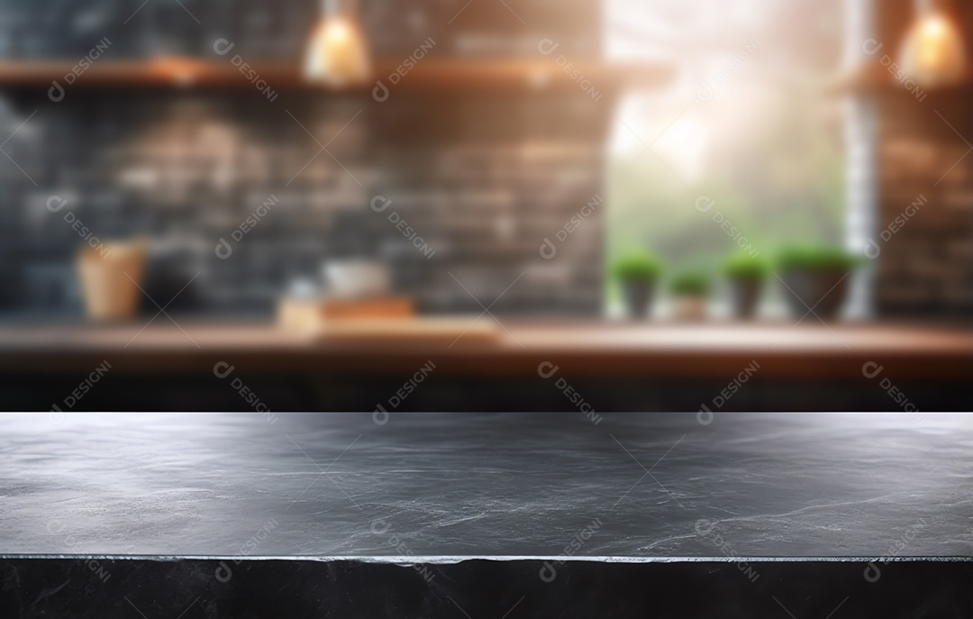 Balcão de mesa de pedra preto vazio no fundo moderno da cozinha desfocada