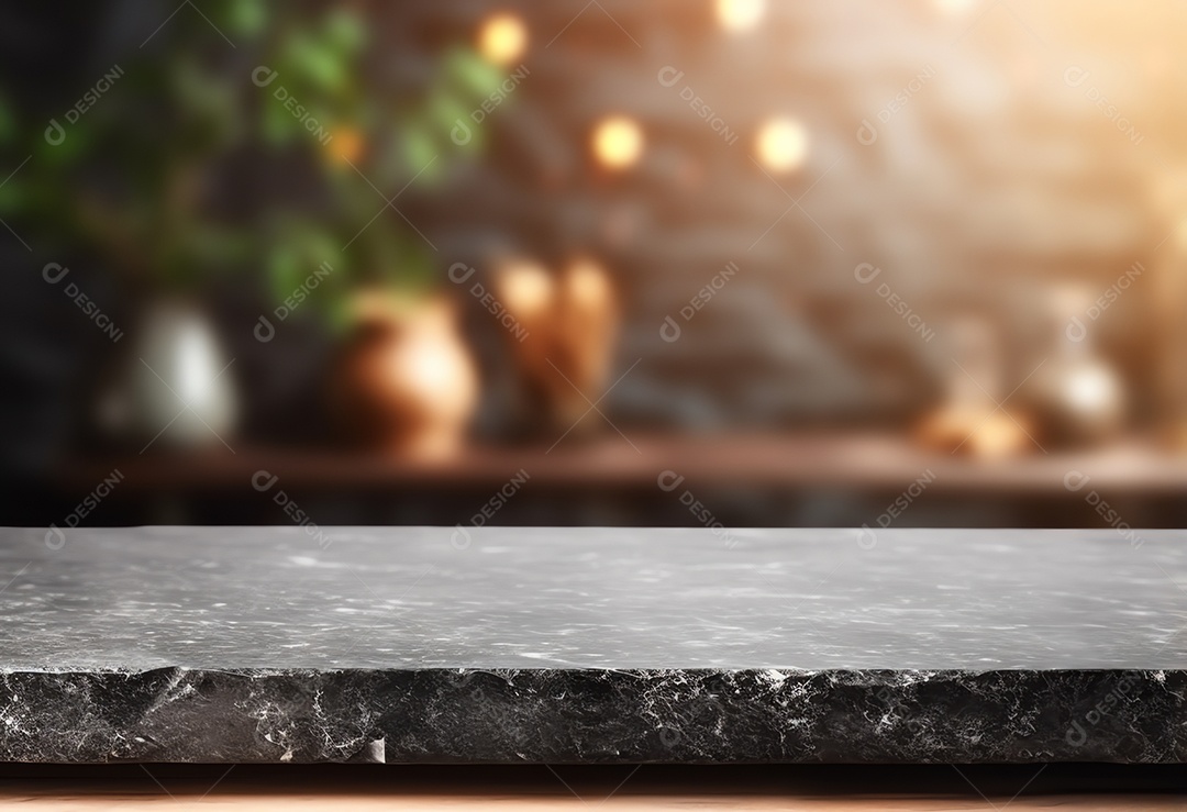 Balcão de mesa de pedra preto vazio no fundo moderno da cozinha desfocada