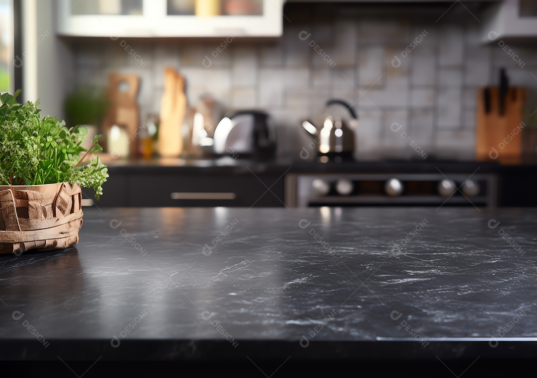 Balcão de mesa de pedra preto vazio no fundo moderno da cozinha desfocada