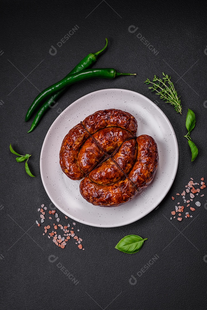 Deliciosa salsicha grelhada em forma de anel com sal, especiarias e ervas sobre fundo escuro de concreto