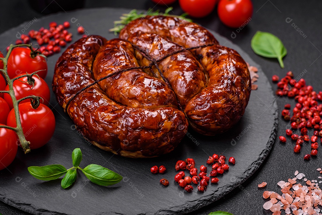 Deliciosa salsicha grelhada em forma de anel com sal, especiarias e ervas sobre fundo escuro de concreto