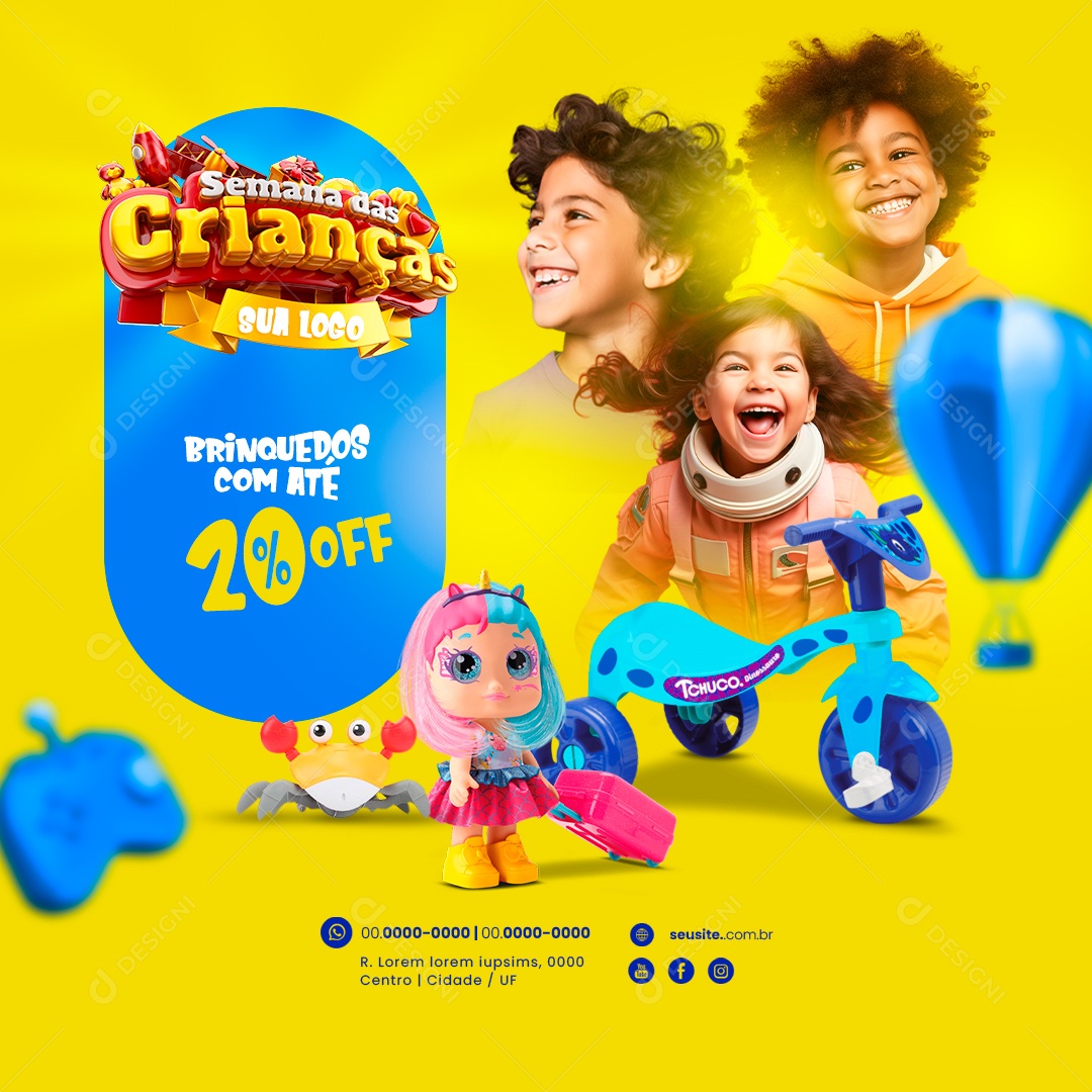 Dia das Crianças Loja de Brinquedos Semana das Crianças Brinquedos com Até 20% Off Boneca Caranguejo de Brinquedo Social Media PSD Editável