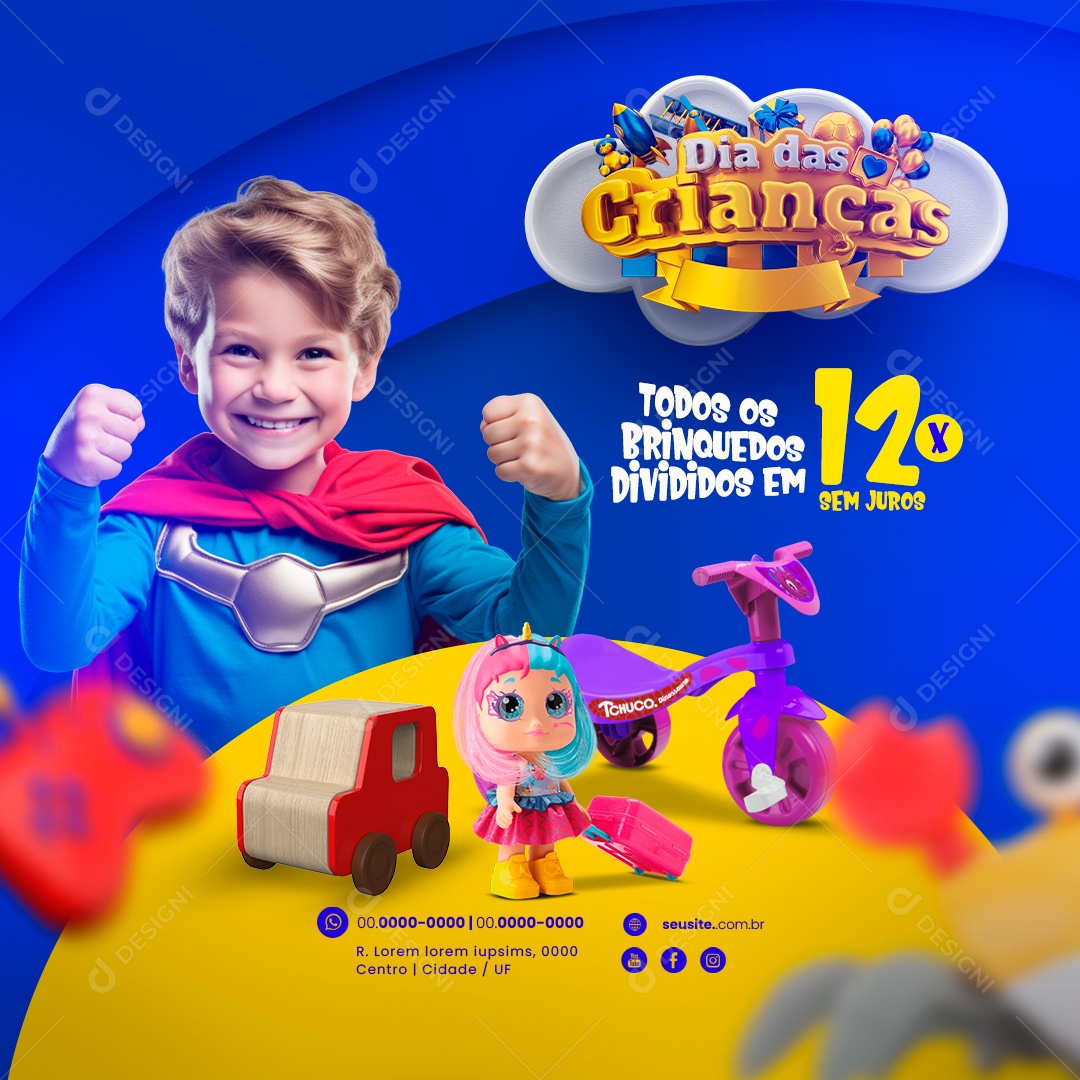Dia das Crianças Loja de Brinquedos Todos os Brinquedos Divididos em 12x Sem Juros Social Media PSD Editável