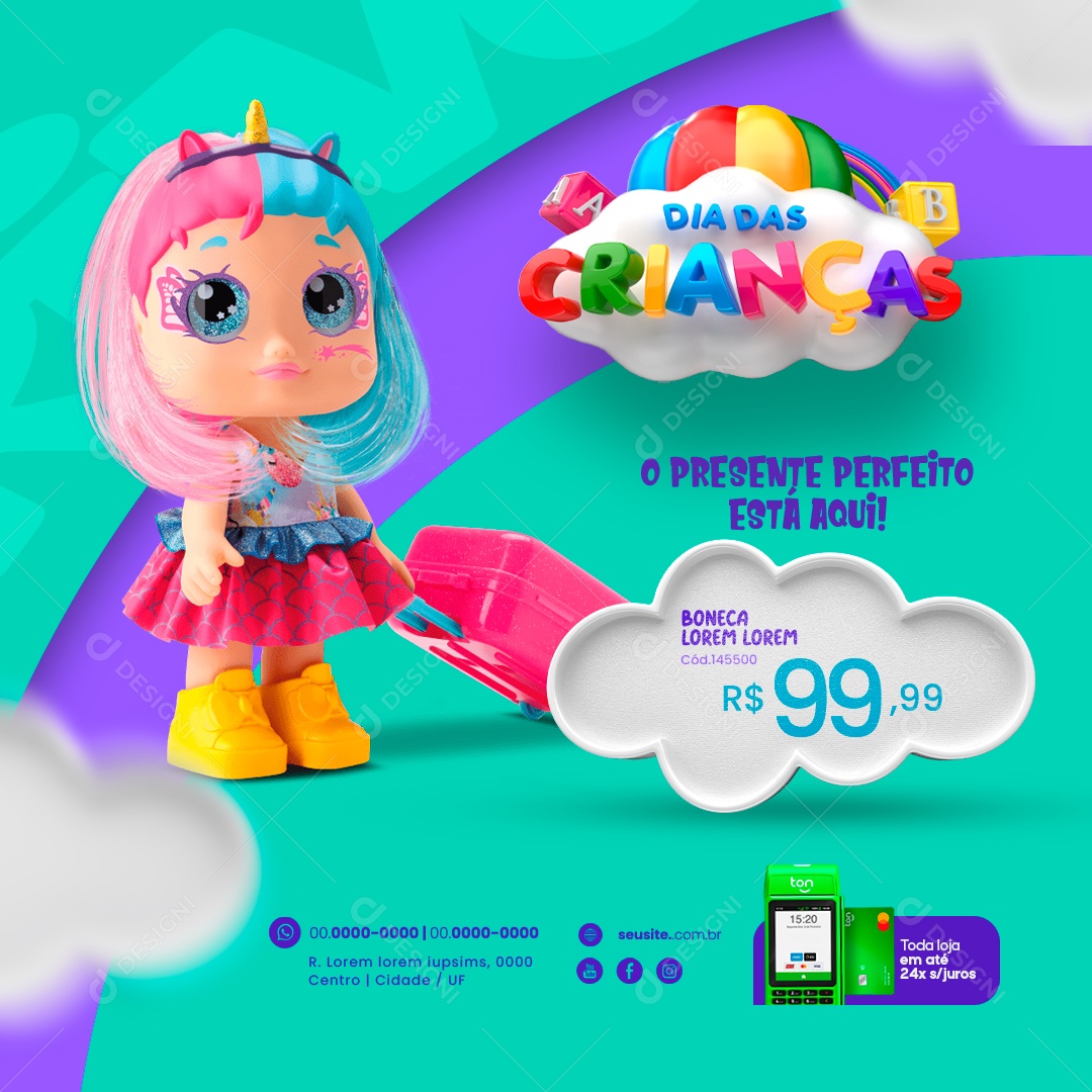 Dia das Crianças Loja de Brinquedos O Presente Perfeito Está Aqui Boneca Masha Social Media PSD Editável