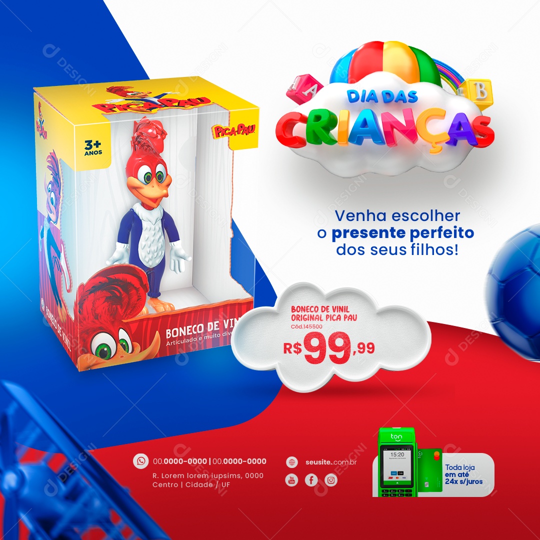 Dia das Crianças Loja de Brinquedos Venha Escolher o Presente Perfeito Boneco de Vinil Pica Pau Social Media PSD Editável