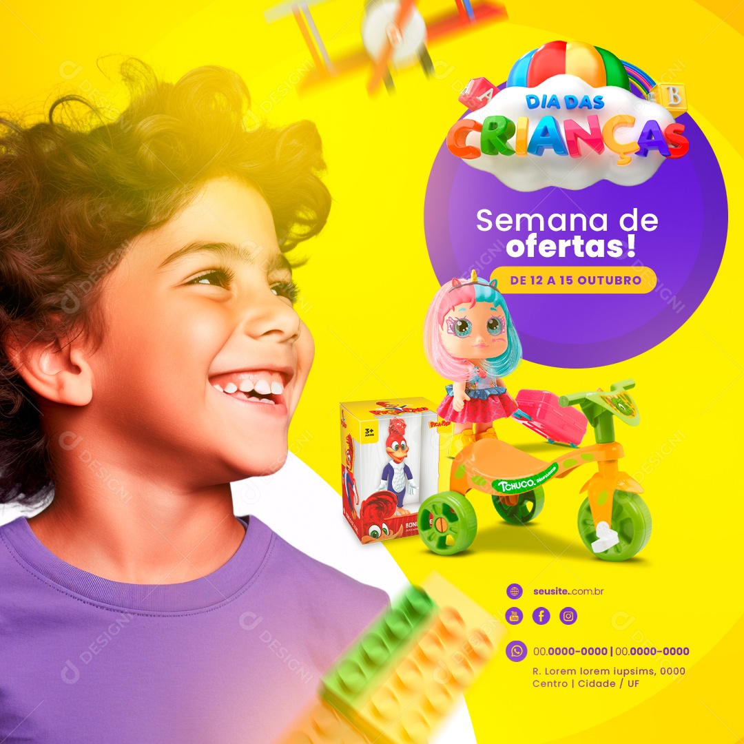 Dia das Crianças Loja de Brinquedos Semana de Ofertas Pica Pau de Brinquedo Boneca Masha Social Media PSD Editável