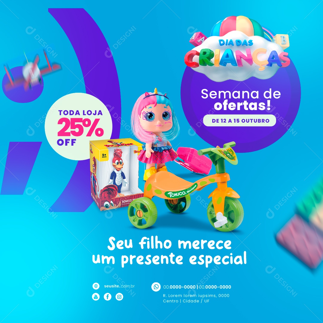 Dia das Crianças Loja de Brinquedos Semana de Ofertas Toda Loja 25% Off Social Media PSD Editável