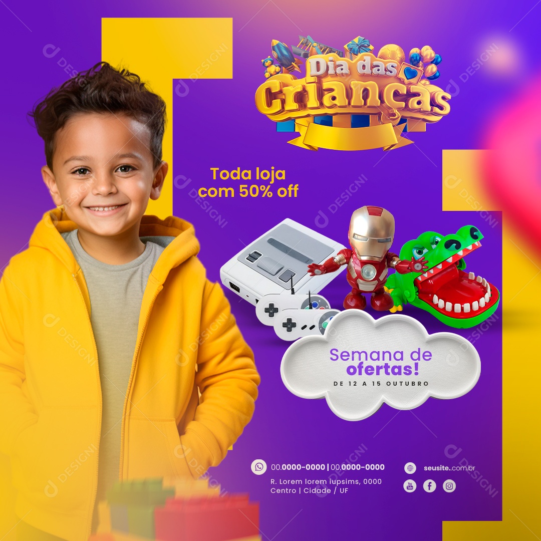 Dia das Crianças Loja de Brinquedos Toda Loja com 50% Off Semana de Ofertas Social Media PSD Editável