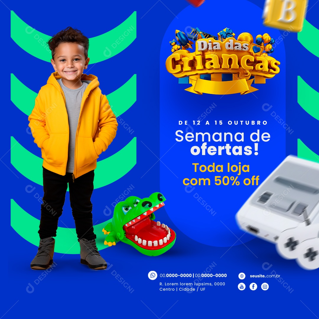Dia das Crianças Loja de Brinquedos Semana de Ofertas Toda Loja com 50% Off Social Media PSD Editável