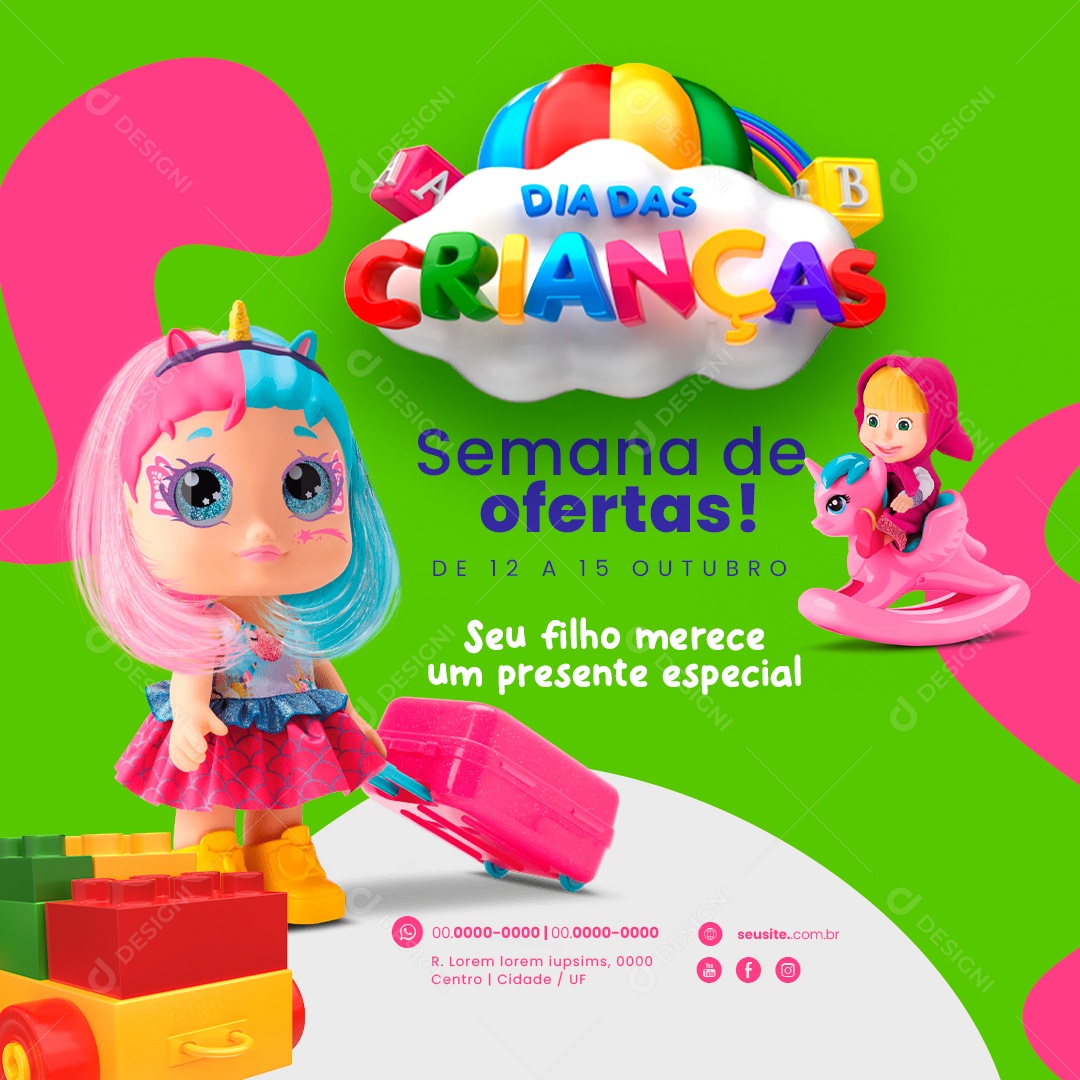 Dia das Crianças Loja de Brinquedos Semana de Ofertas Boneca Masha Social Media PSD Editável