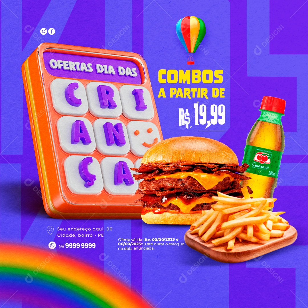 Hamburgueria Ofertas Dias Das Crianças Combos a Partir de 19 Reais Hambúrguer Refrigerante e Batata Frita Social Media PSD Editável
