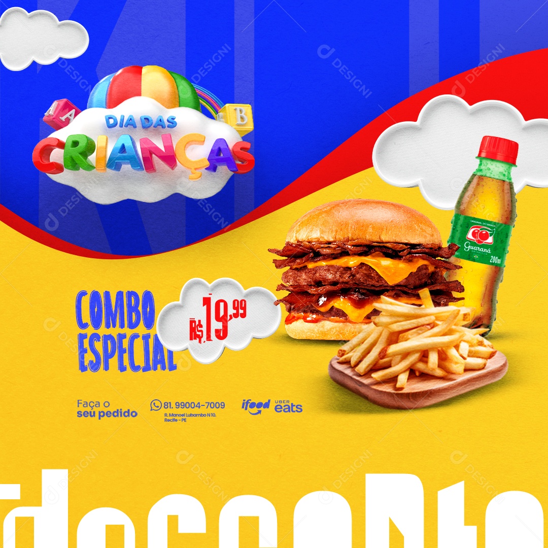 Hamburgueria Dias Das Crianças Combo Especial Hambúrguer Refrigerante e Porção de Batata Frita Social Media PSD Editável