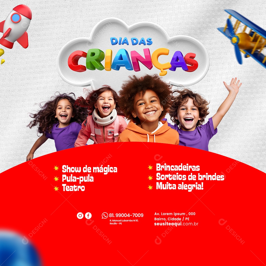 Loja de Brinquedos Dia das Crianças Show de Mágica Pula Pula Teatro Brincadeiras Sorteios Social Media PSD Editável