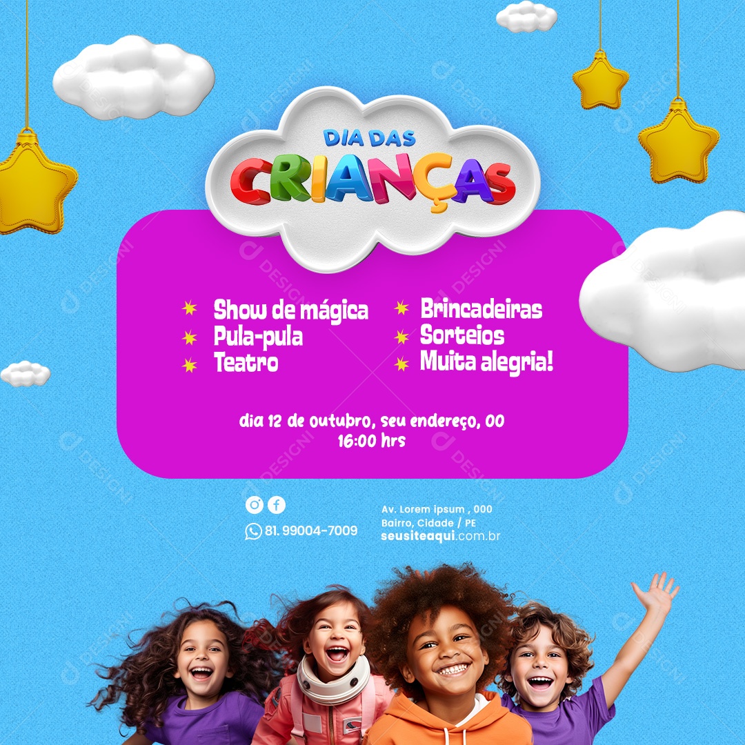 Loja de Brinquedos Dia das Crianças Show de Mágica Pula Pula Teatro Brincadeiras Sorteios Social Media PSD Editável