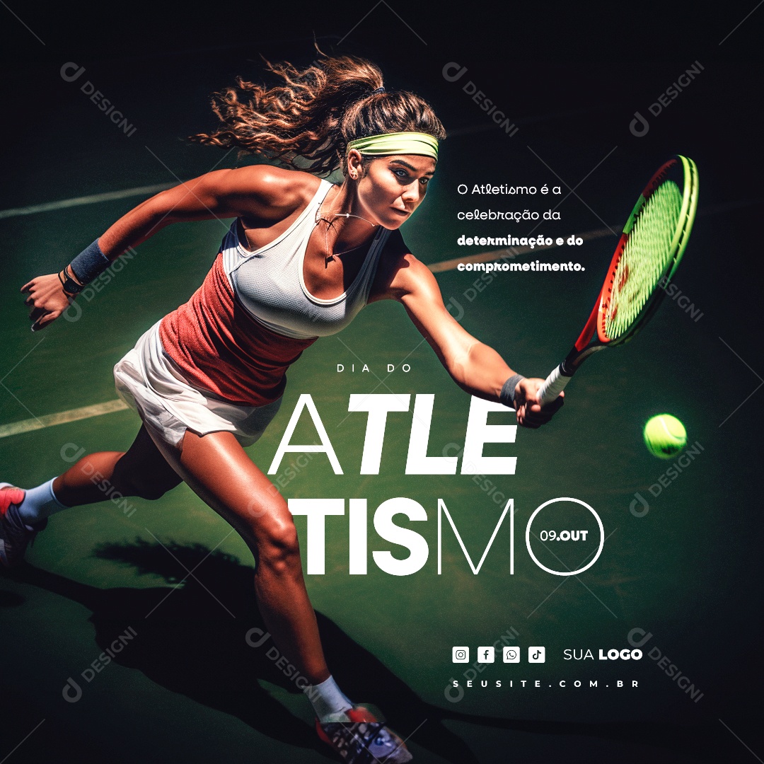 Dia do Atletismo 09 de Outubro Jogadora de Tênis Social Media PSD Editável