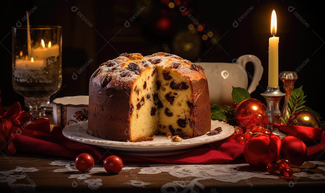 Panetone com chocolate e tradicional bolo de sobremesa italiana em mesa decorada na véspera de Natal