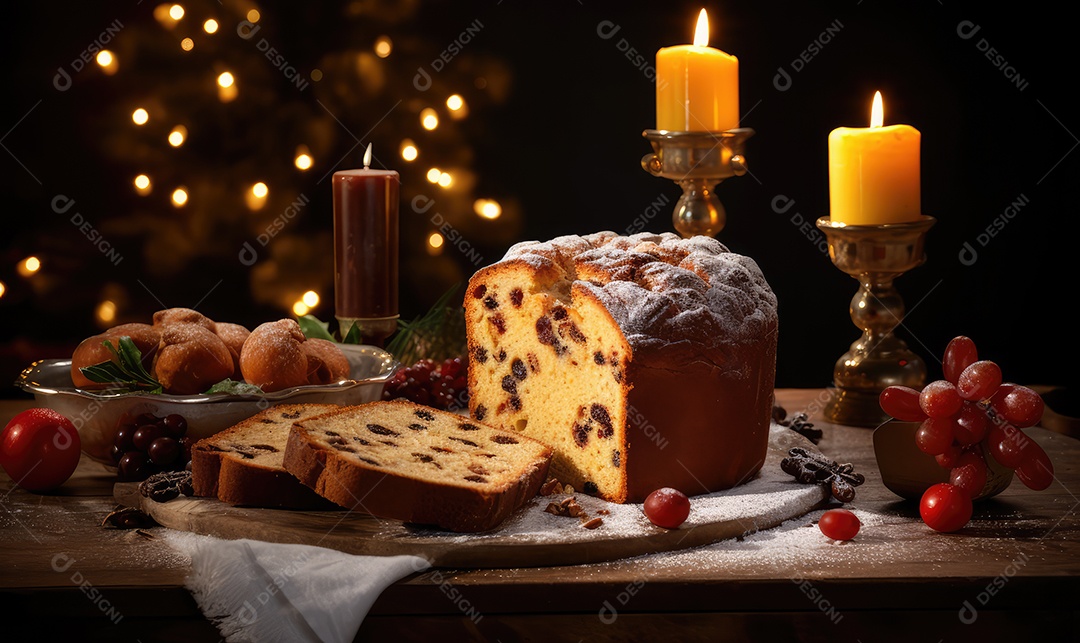 Panetone com chocolate e tradicional bolo de sobremesa italiana em mesa decorada na véspera de Natal