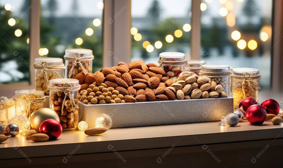 Deliciosas oleaginosas no Natal, nozes, amêndoas, passas, castanhas, pistache, macadâmia