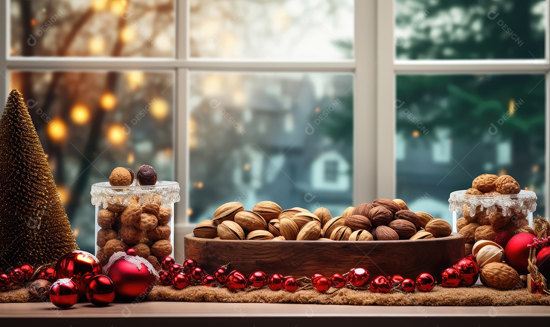 Deliciosas oleaginosas no Natal, nozes, amêndoas, passas, castanhas, pistache, macadâmia