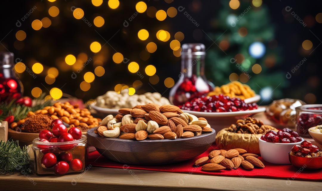 Deliciosas oleaginosas no Natal, nozes, amêndoas, passas, castanhas, pistache, macadâmia