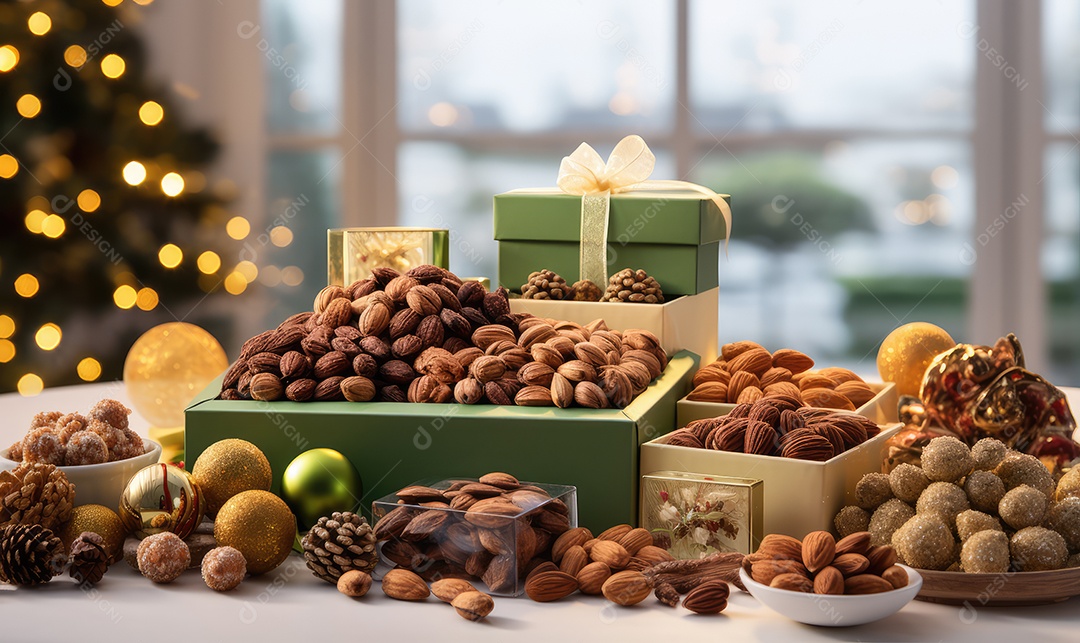 Deliciosas oleaginosas no Natal, nozes, amêndoas, passas, castanhas, pistache, macadâmia