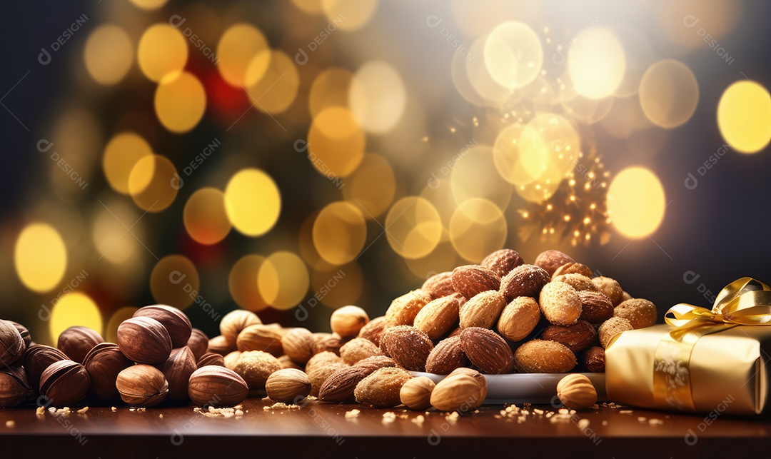 Deliciosas oleaginosas no Natal, nozes, amêndoas, passas, castanhas, pistache, macadâmia