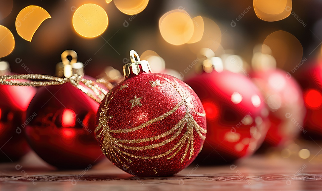 Decoração de Natal com árvore decorada, bolas, brinquedos, luzes, espaçamento de texto e fundo bokeh