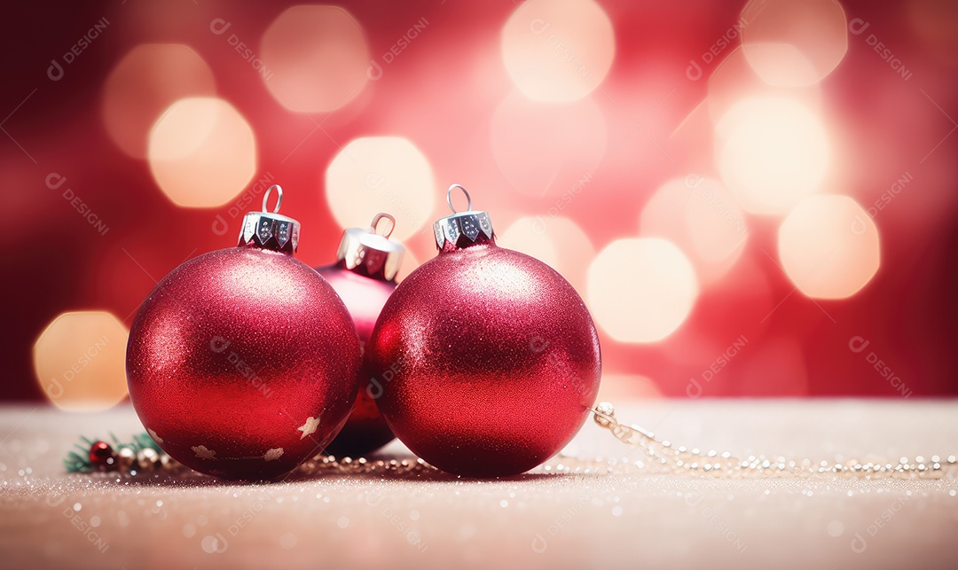 Decoração de Natal com árvore decorada, bolas, brinquedos, luzes, espaçamento de texto e fundo bokeh