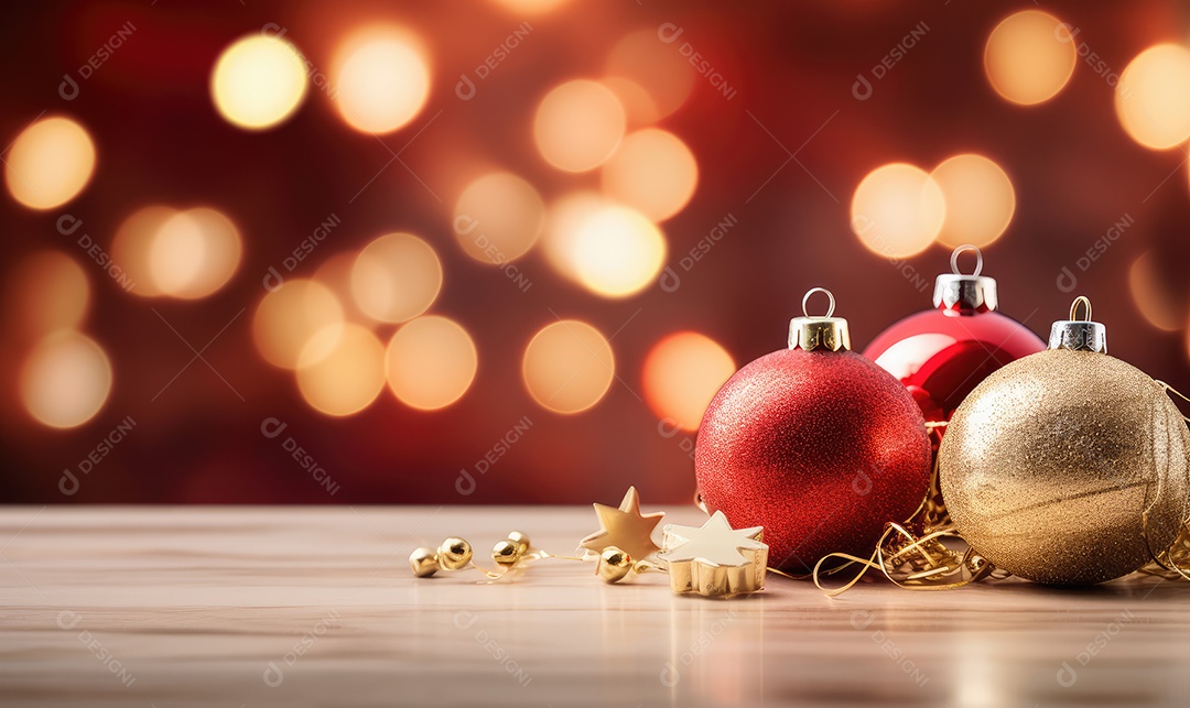 Decoração de Natal com árvore decorada, bolas, brinquedos, luzes, espaçamento de texto e fundo bokeh