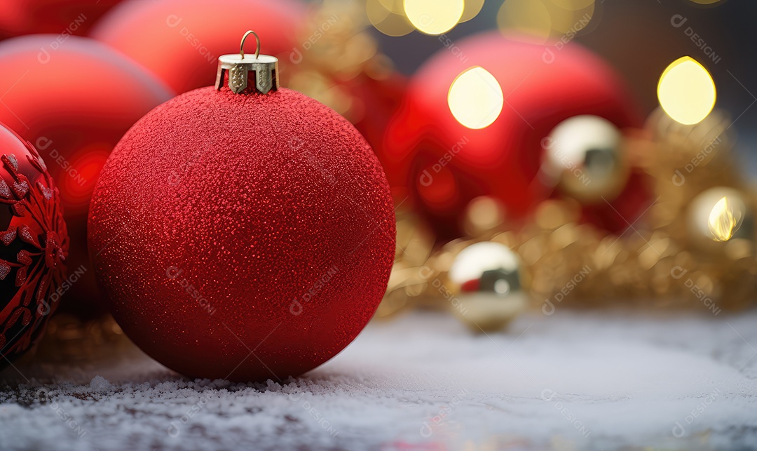 Decoração de Natal com árvore decorada, bolas, brinquedos, luzes, espaçamento de texto e fundo bokeh