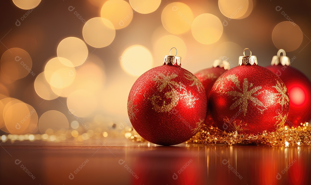 Decoração de Natal com árvore decorada, bolas, brinquedos, luzes, espaçamento de texto e fundo bokeh