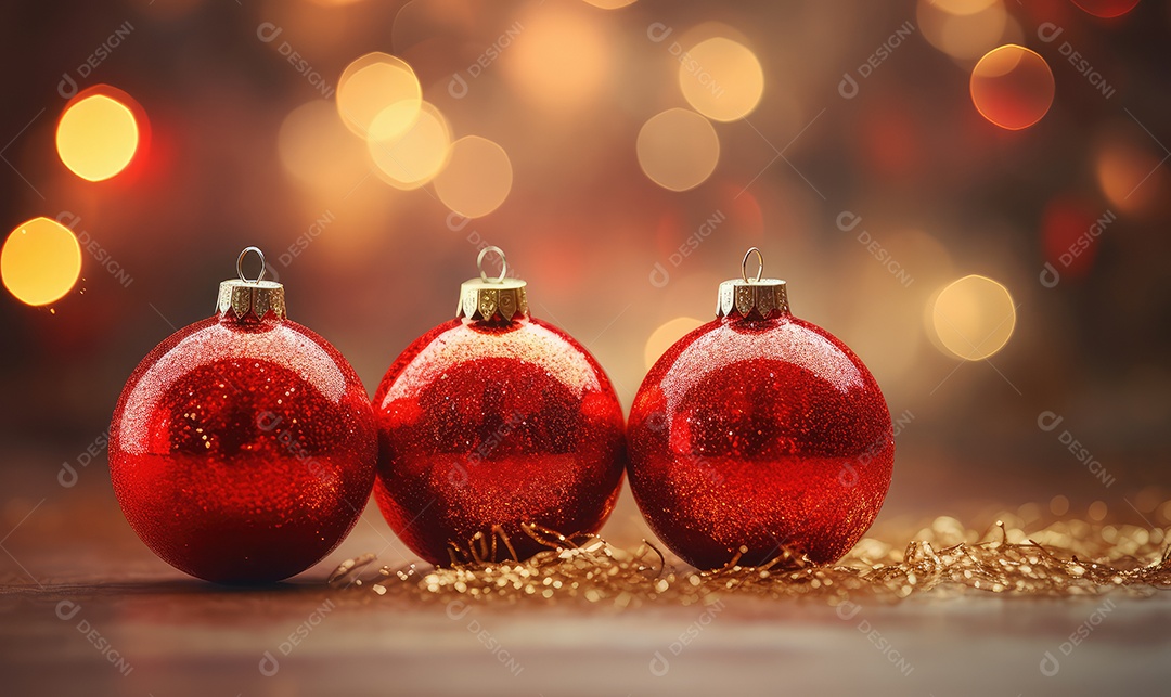 Decoração de Natal com árvore decorada, bolas, brinquedos, luzes, espaçamento de texto e fundo bokeh