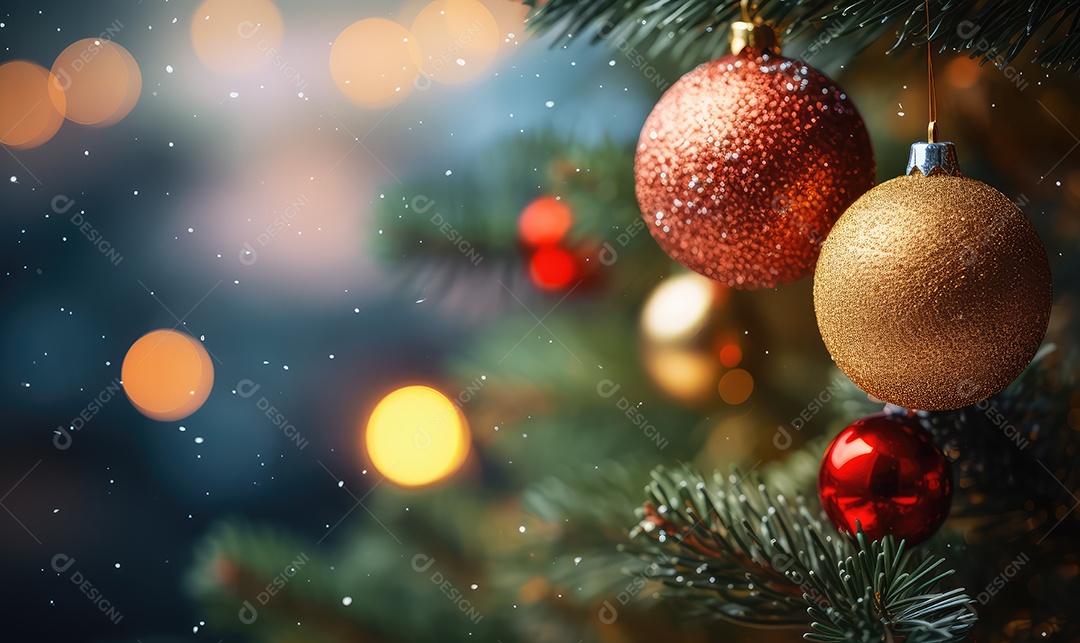 Decoração de Natal com árvore decorada, bolas, brinquedos, luzes, espaçamento de texto e fundo bokeh