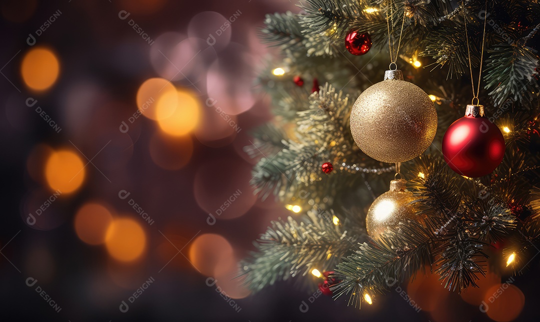Decoração de Natal com árvore decorada, bolas, brinquedos, luzes, espaçamento de texto e fundo bokeh