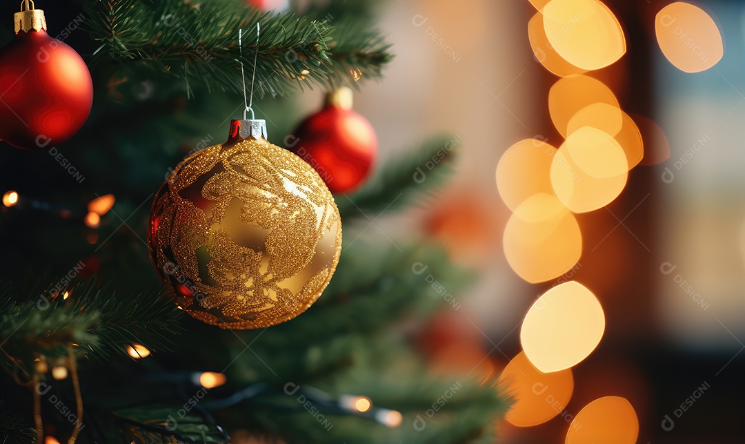 Decoração de Natal com árvore decorada, bolas, brinquedos, luzes, espaçamento de texto e fundo bokeh