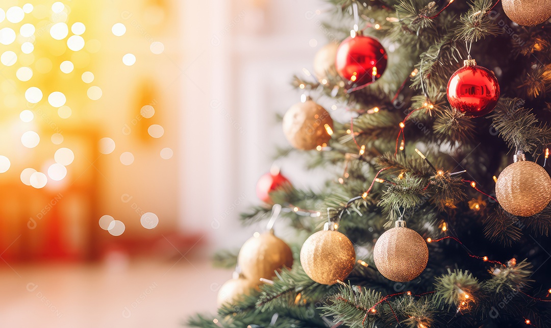 Decoração de Natal com árvore decorada, bolas, brinquedos, luzes, espaçamento de texto e fundo bokeh